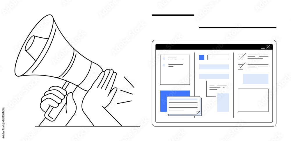 Aufkleber hands holding megaphone beside website interface with content blocks and checklists. ideal for marke