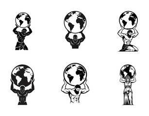 Atlas God Holding Earth Globe Vector Illustration Set - Mythological Figure Carrying the World Symbol