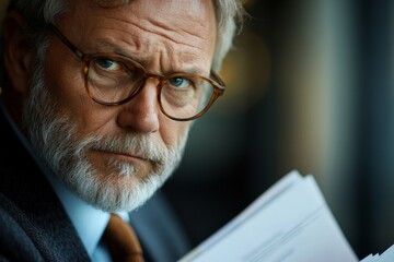 Close-up of a serious businessman in an office, holding documents and looking thoughtfully to the side, Generative AI