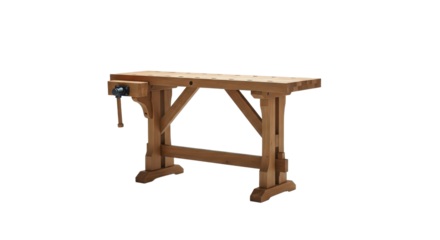 Wooden workbench with a built-in vise is shown. Woodworking station, furniture, workshop, carpentry, craftsmanship.