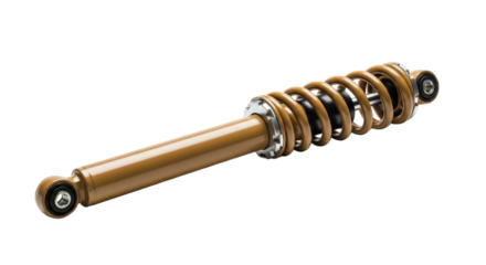 Shock absorber with spring and damper is depicted. Automotive suspension, car part, vehicle engineering, mechanics.