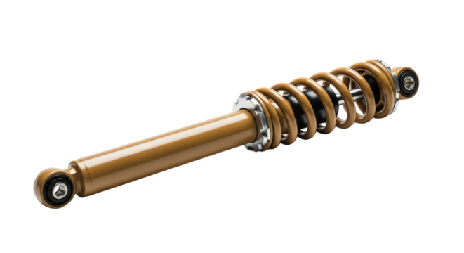 Shock absorber with spring and damper is depicted. Automotive suspension, car part, vehicle engineering, mechanics.