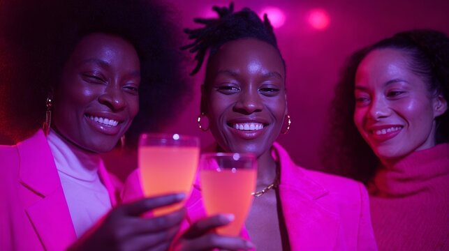Joyful celebration in neon glow, Afro-Caribbean women clink luminescent cocktails, embodying Galentine's Day and neon noir vibes