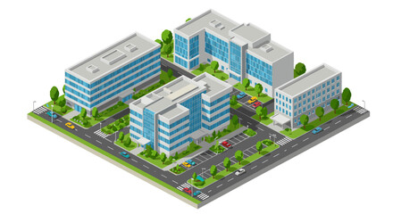 Modern isometric urban office complex with green spaces and parking