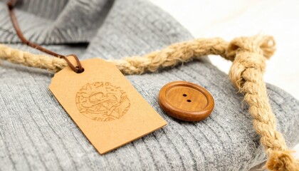 Close-up of a gray knit sweater with a brown button and tag tied with jute rope, on a neutral surface, showcasing texture and detail