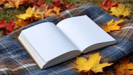 Open book weekend fall getaway with yellow and red autumn leaves on blue plaid blanket outdoors