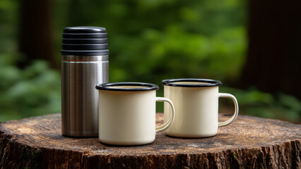 Camping mug Thermos flask Outdoor drinkware Metal cup Tree stump Forest background Weekend Fall Getaway Rustic Nature Travel Adventure Hot