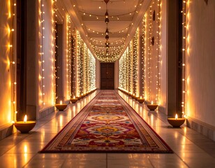 Obraz premium Aesthetic ultra realistic corridor decorated with rangoli on floor, fairy lights on