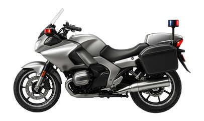 Obraz premium Silver police motorcycle with side-mounted radio and emergency lights
