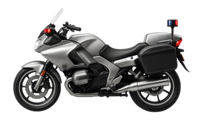 Silver police motorcycle with side-mounted radio and emergency lights