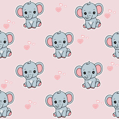 seamless pattern featuring cute cartoon elephants with large ears and friendly faces. The little elephants are sitting down, and the background is a soft pink, scattered with small, delicate hearts