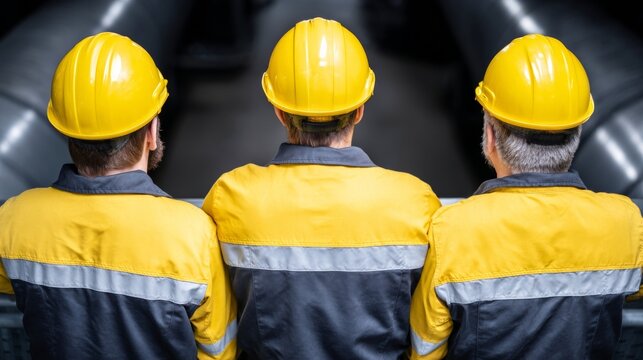 Three diverse workers in vibrant safety vests, embodying unity synonymous with May Day and National Tradesmen Day camaraderie