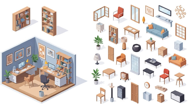 Isometric Office Room Interior Design Elements | Home Office Furniture, Desk, Chair, Shelf Arrangement, and Decoration Objects