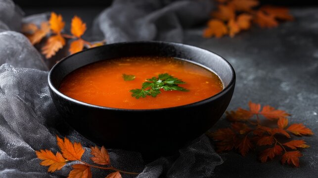 A steaming bowl of crimson autumn soup whispers cozy equinox gatherings, infused with samhain warmth and harvest whispers