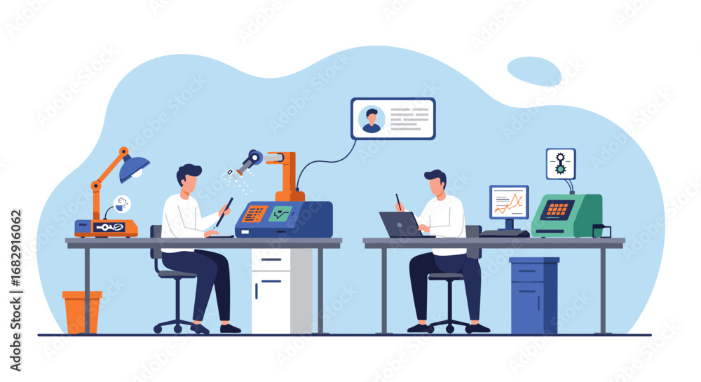 Poster modern office workspace with engineers using technology for design and development