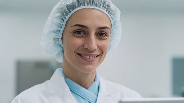 A smiling Eastern European female scientist in sterile attire, embodying International Day of Women and Girls in Science innovation