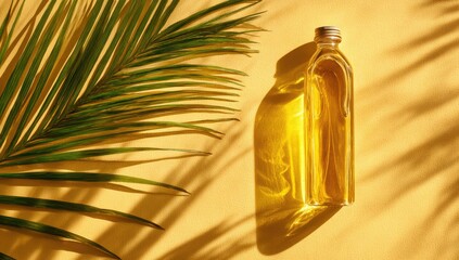 Golden oil bottle, palm leaf, sunlight