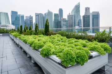 Fototapeta premium Rooftop garden with hydroponic system, smart irrigation, modern city skyline background.