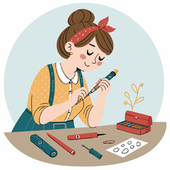 Fototapeta premium Creative woman focused on a detailed craft project at her desk.