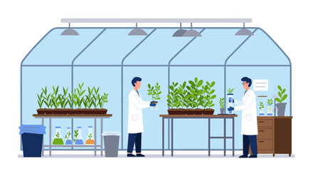 Obraz premium Scientists working in a modern greenhouse laboratory analyzing plant growth