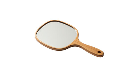 Wooden mirror with handle lies on a surface. Beauty accessory, reflection tool, grooming, vanity, skincare, lifestyle.
