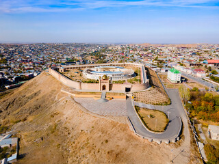 Kalai Mug Tepe Fort aerial panoramic view, Tajikistan