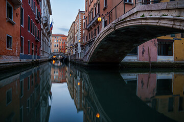 Venetian Canal at Dusk with Bridges