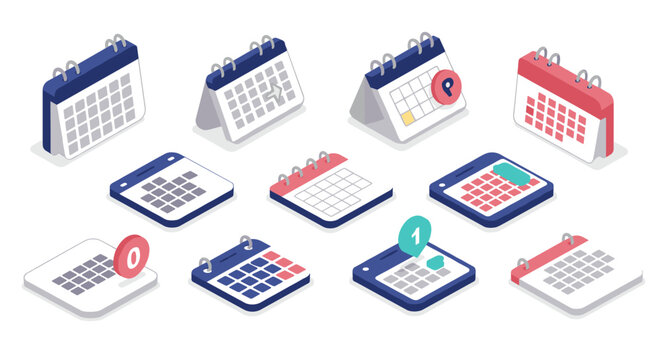 Isometric calendar icons set with diverse designs and symbols for planning and scheduling