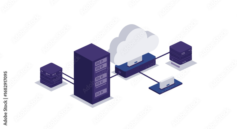 Poster isometric cloud computing network with servers and devices in digital infrastructure