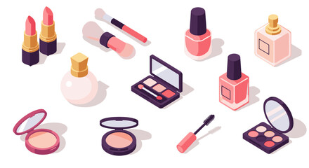 Obraz premium Isometric beauty products collection: lipsticks, makeup brushes, and nail polish