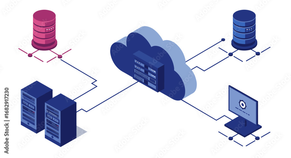 Poster cloud computing network diagram with connected servers in isometric style