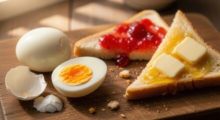 Fototapeta premium Hard-boiled egg with toast with strawberry jam and butter on wooden surface, breakfast concept