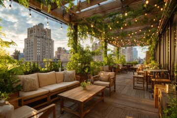 Fototapeta premium Rooftop terrace with lush greenery, wooden furniture, and string lights, overlooking city buildings at sunset.