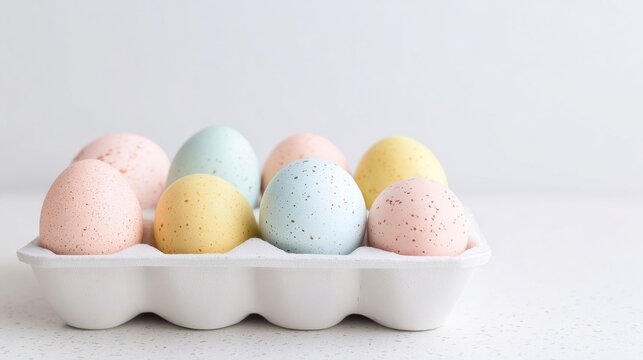 Colorful speckled Easter eggs nestle in a tray, evoking pastel enchantment, egg-crafting traditions, and Ostara celebrations - Powered by Adobe