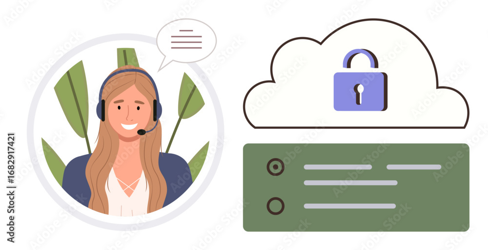 Poster smiling customer service agent with headset beside secure cloud system with lock and server panel. i
