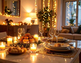 Aesthetic ultra realistic elegant dining space decorated for Diwali with candles,