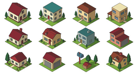 Isometric collection of residential houses with different architectural styles