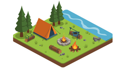 Isometric campsite scene with tent, campfire, river, and trees in nature setting