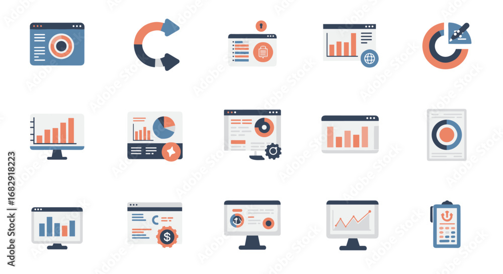 Poster minimalist technology dashboard icons set for data visualization and analytics