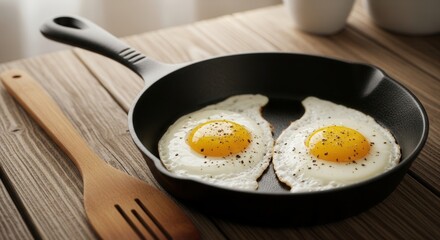Sunny-Side Up Eggs in a Cast Iron Pan on a Wooden Table Breakfast Still Life Composition
