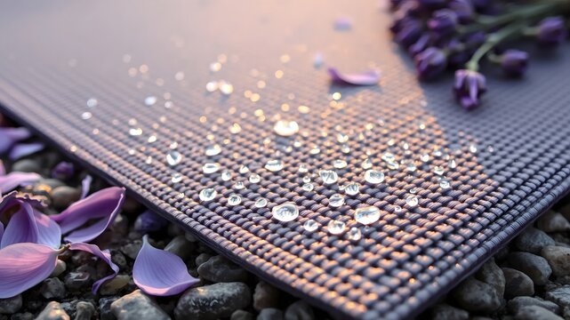 Close up of purple yoga mat with water droplets and lavender flowers for relaxation