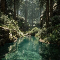Naklejka premium Tranquil mountain stream winding through a lush forest. Sunlight filters through tall trees. Clear water reflects the surrounding greenery