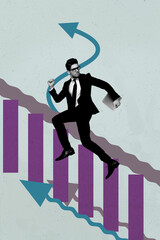 3d pop image vertical art collage of happy businesswoman businessman stand chart progress statistics arrow development goal