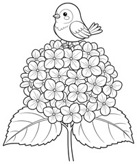 Bird illustration featuring cute songbird perched on blooming hydrangea flower cluster with decorative petals and leaves in detailed black and white vector design