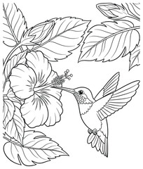 Hummingbird illustration featuring detailed bird hovering with wings open while sipping nectar from large hibiscus flower surrounded by leafy branches in black and white vector design © Crafter