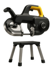 Portable band saw with a variable speed motor and detachable stand for on-site metal cutting in construction projects