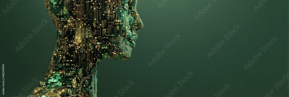 Aufkleber rendering of a robotic head with intricate circuit patterns glowing against a dark green background 