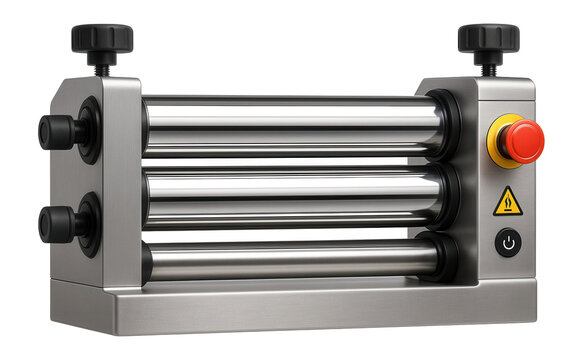 Motorized sheet rolling machine with adjustable tension and emergency stop button for a custom metal fabrication shop