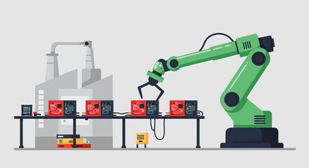 Automated Robotic Arm on a Modern Factory Production Line Enhancing Manufacturing Efficiency