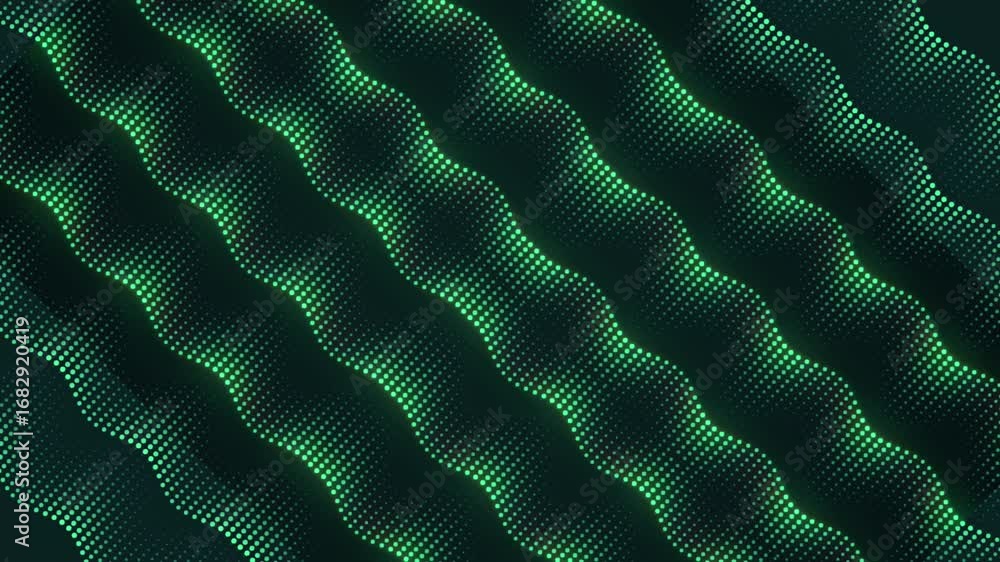 Poster a futuristic 4k background with smooth, diagonal waves of neon green dots. seamless looping animatio
